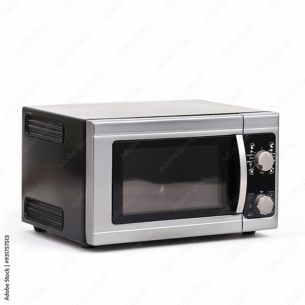 A modern, silver and black microwave oven isolated on a white background. A modern, silver and black microwave oven isolated on a white background.
