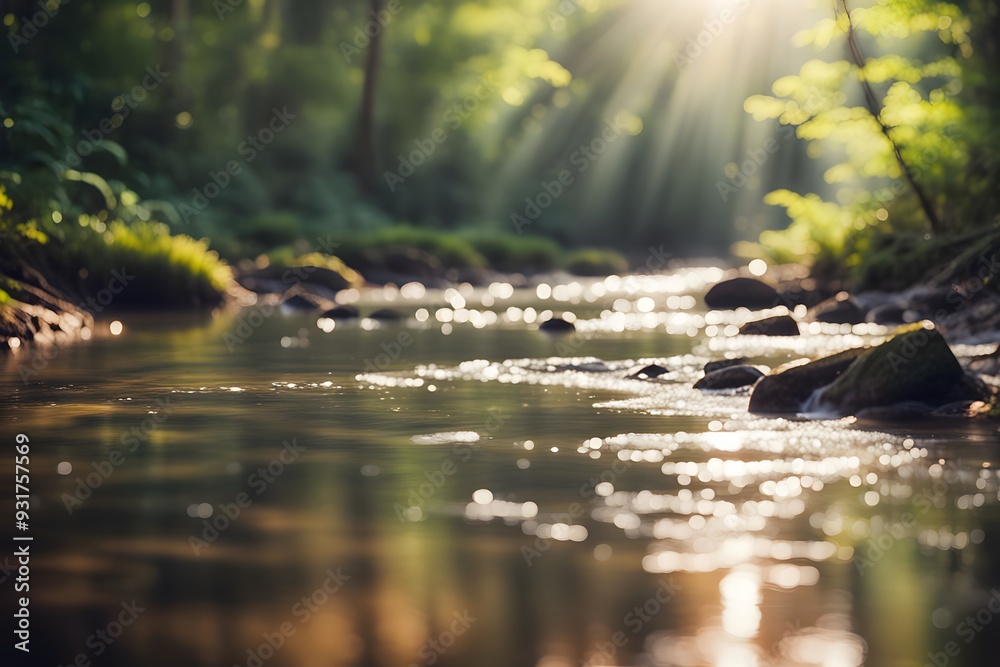 Fototapeta premium Bokeh background of a serene forest stream with sunlight reflecting on the water, AI Generated