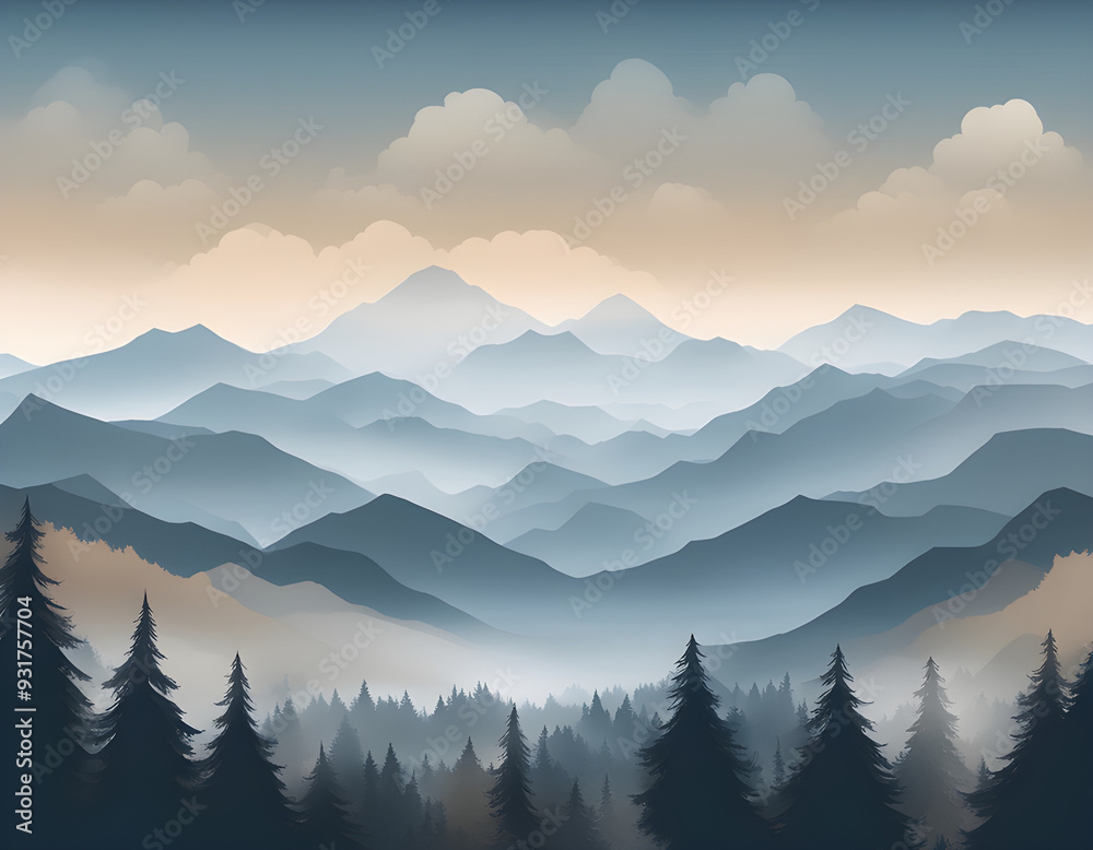 Obraz premium Misty forest multiple mountains background