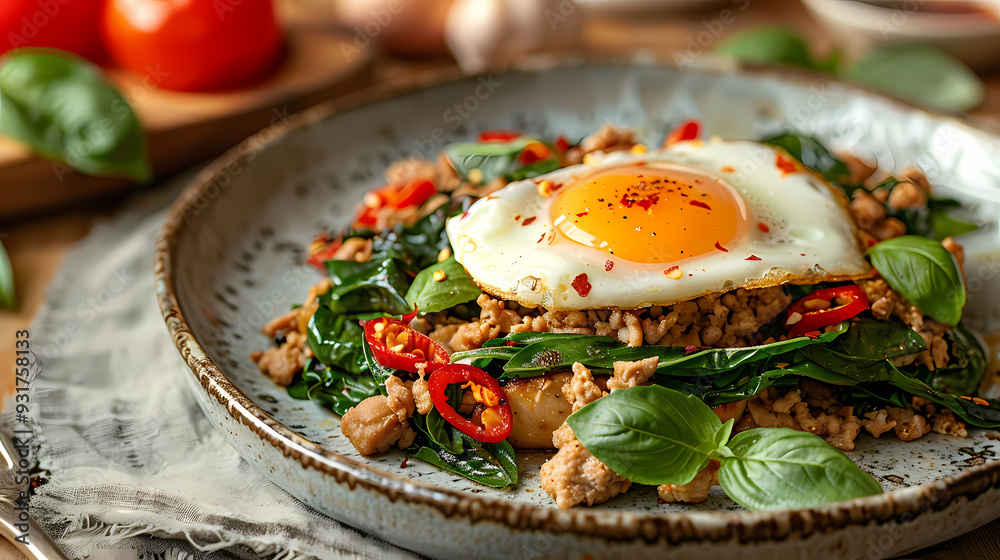A plate of spicy basil stir-fry with minced pork , topped with a crispy fried egg
