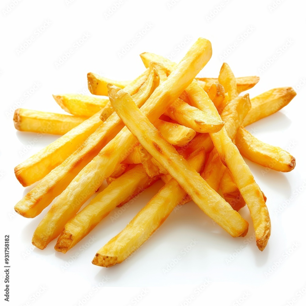 A pile of golden brown, crispy french fries isolated on a white background. A pile of golden brown, crispy french fries isolated on a white background.
