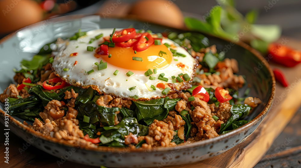 A plate of spicy basil stir-fry with minced pork , topped with a crispy fried egg A plate of spicy basil stir-fry with minced pork , topped with a crispy fried egg