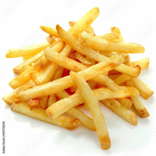 A pile of golden brown french fries isolated on a white background.