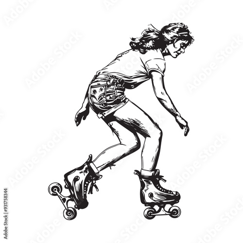 Beauty Woman Roller Skating Stock Illustrations.Vector illustration of a silhouette of a girl riding on roller skates 