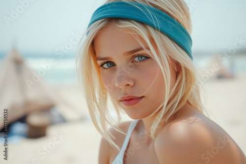 Wallpaper Mural Blonde woman with blue headband on the beach Torontodigital.ca
