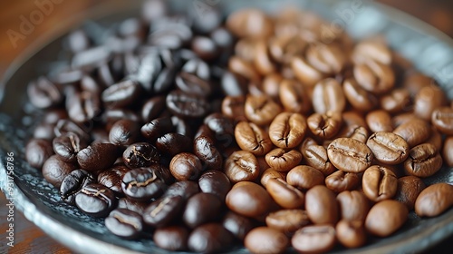 Close up Different levels types of roasting coffee beans arabica on a plate starting from the left from the darkest strong roasting to the right to the lightest raw coffee beans Milan  : Generative AI photo