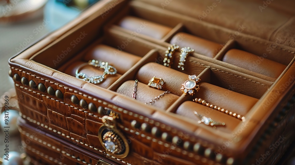 Top view of Open brown leather jewelry box Golden jewelry in brown leather accessories box : Generative AI Top view of Open brown leather jewelry box Golden jewelry in brown leather accessories box : Generative AI