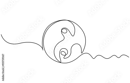 Continuous editable line drawing of Yin Yang symbol, One line drawing of Yin Yang icon, Vector illustration, Yin Yang symbol in one line, Yin and yang sketch, One line continuous hand drawing