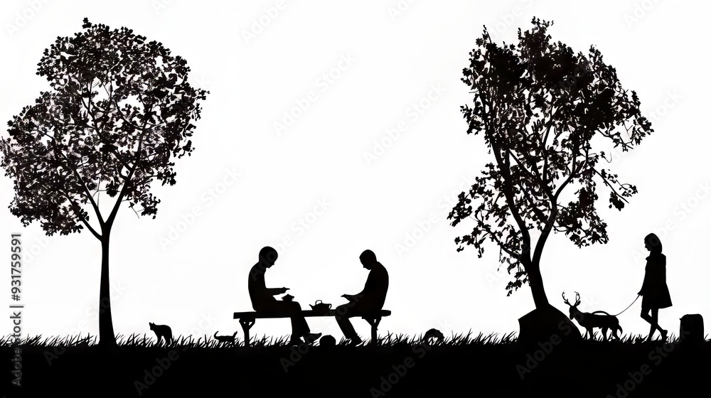 Silhouette of two people dining outdoors with animals in a serene park setting.