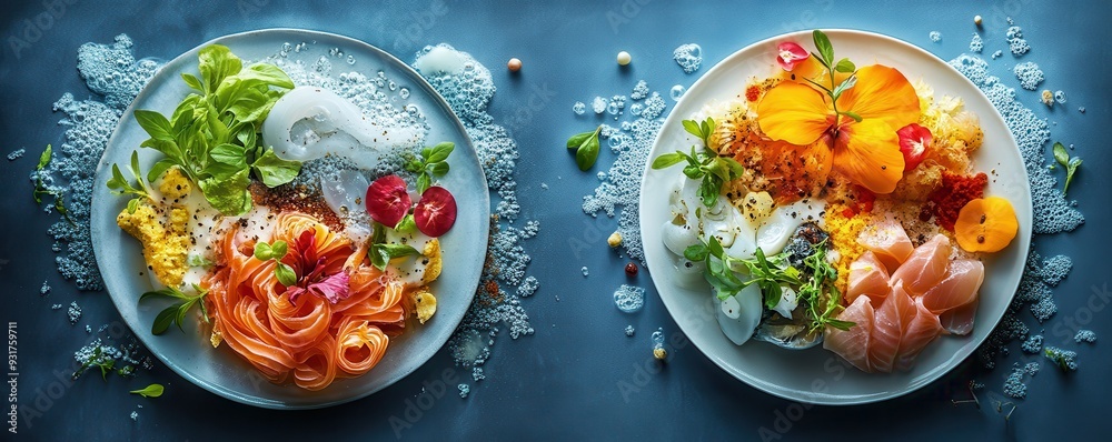 Colorful plates of fresh ingredients and seafood, beautifully arranged with herbs and garnishes, ideal for culinary presentations. Colorful plates of fresh ingredients and seafood, beautifully arranged with herbs and garnishes, ideal for culinary presentations.