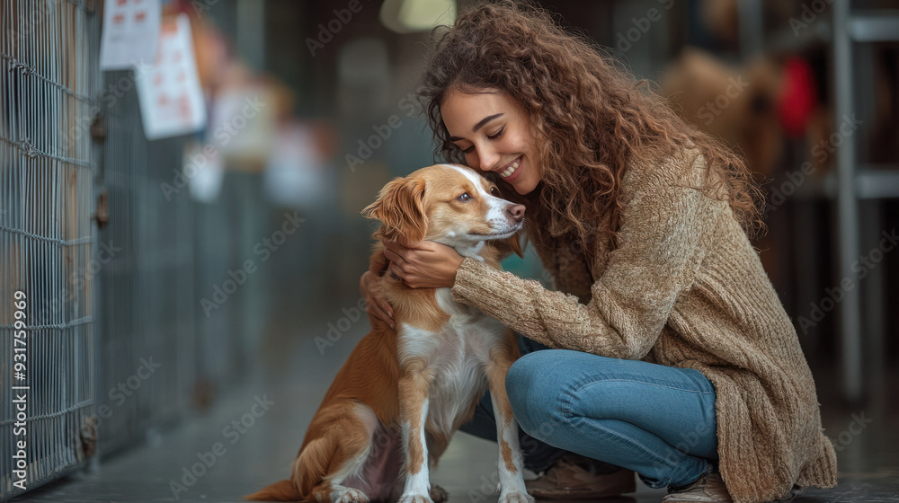 Pet adoption, Excited woman kneeling to hug her newly adopted dog in an ...
