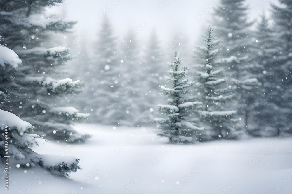 Naklejka premium Soft focus background of a snowy landscape with pine trees and gentle snowfall, AI Generated