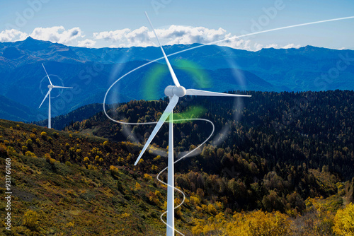 A wind turbine is spinning in the air above a mountain