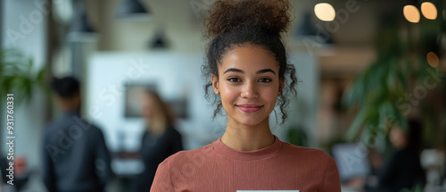 Project Coordinator,  In a bustling office, a female project coordinator proudly displays a mockup notebook computer while smiling at the camera. Behind her, colleagues are engaged