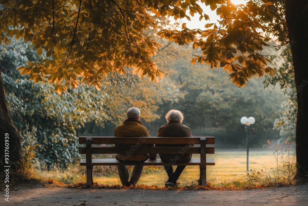An elderly couple sits together on a bench beneath a tree, relishing a peaceful moment in a scenic autumn park. An elderly couple sits together on a bench beneath a tree, relishing a peaceful moment in a scenic autumn park.