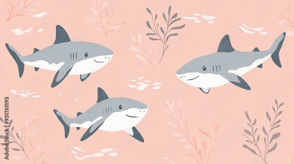 Adorable sharks with tiny fins swimming on a pastel pink background with seaweed Adorable sharks with tiny fins swimming on a pastel pink background with seaweed