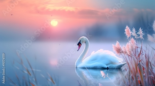 Swan among the reeds at dusk minimalist art media by magazine photo