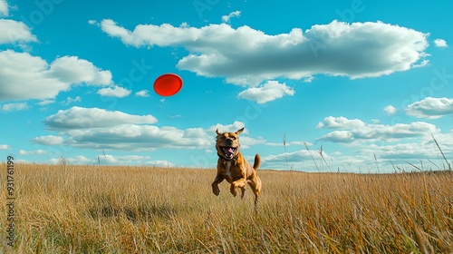 Joyful Canine Playtime: Dog Sprinting Through Lush Grass, Frisbee in Sight, Under a Pristine Blue Sky - A Celebration of Outdoor Freedom and Pet Enthusiasm photo