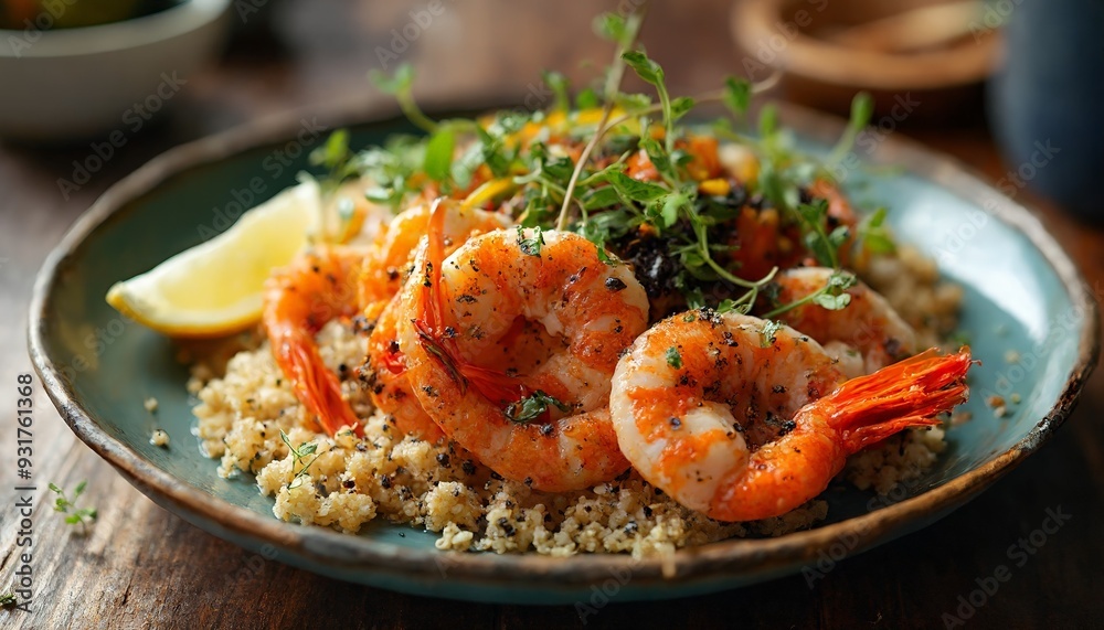 Vegan seafood dish with konjac shrimp, quinoa, and roasted vegetables, garnished with herbs and lemon on a rustic plate.
Vegan seafood dish with konjac shrimp, quinoa, and roasted vegetables, garnished with herbs and lemon on a rustic plate.