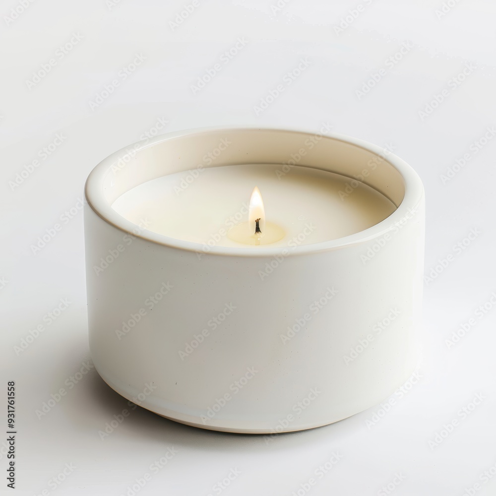 White Ceramic Candle: A simple, elegant white ceramic candle burns brightly against a white background. The soft, warm glow invites relaxation and tranquility. White Ceramic Candle: A simple, elegant white ceramic candle burns brightly against a white background. The soft, warm glow invites relaxation and tranquility.