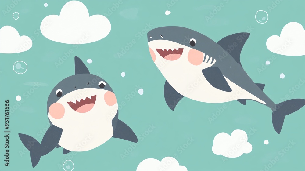 Happy sharks with rosy cheeks on a light green background with floating clouds Happy sharks with rosy cheeks on a light green background with floating clouds