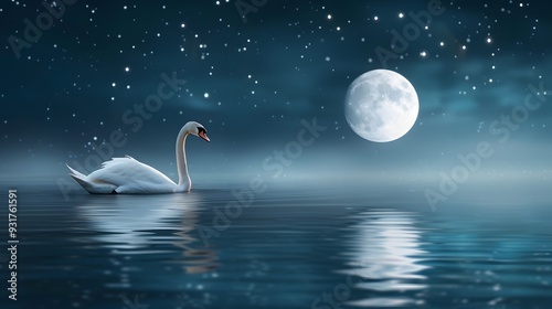 Single swan floating under a moonlit sky minimalist art media by magazine photo