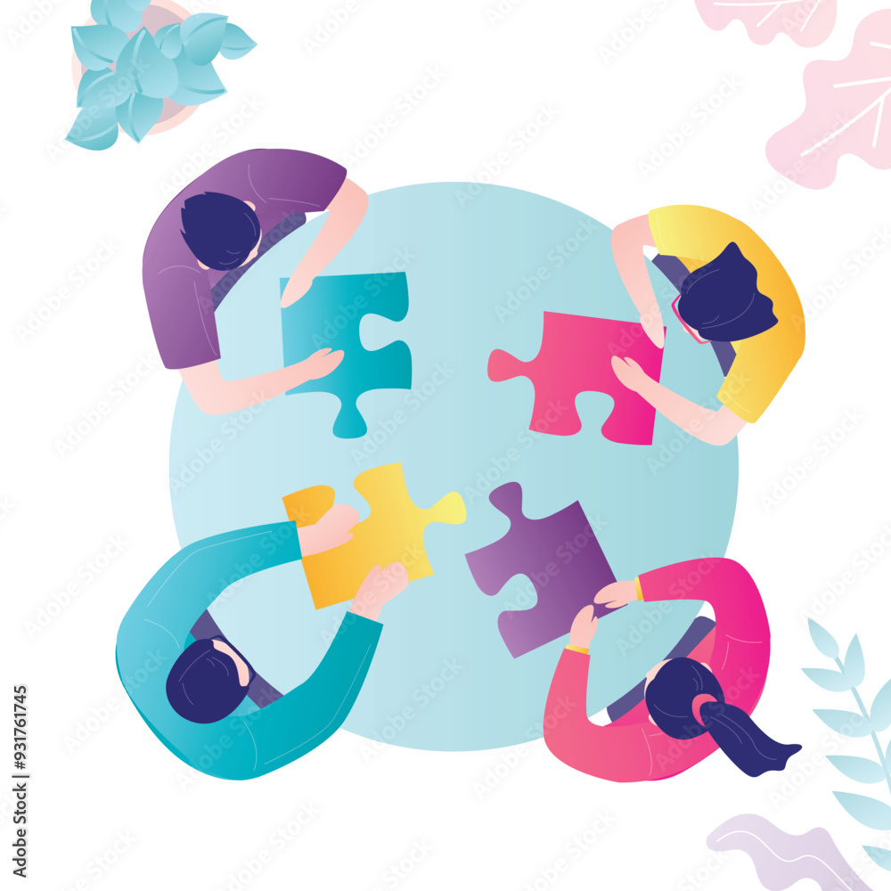 Business team brainstorming. People join puzzles. Office workers sitting at table. Desk top view. Employees cooperation. Business people negotiation. Teamwork discussion. Business team brainstorming. People join puzzles. Office workers sitting at table. Desk top view. Employees cooperation. Business people negotiation. Teamwork discussion.