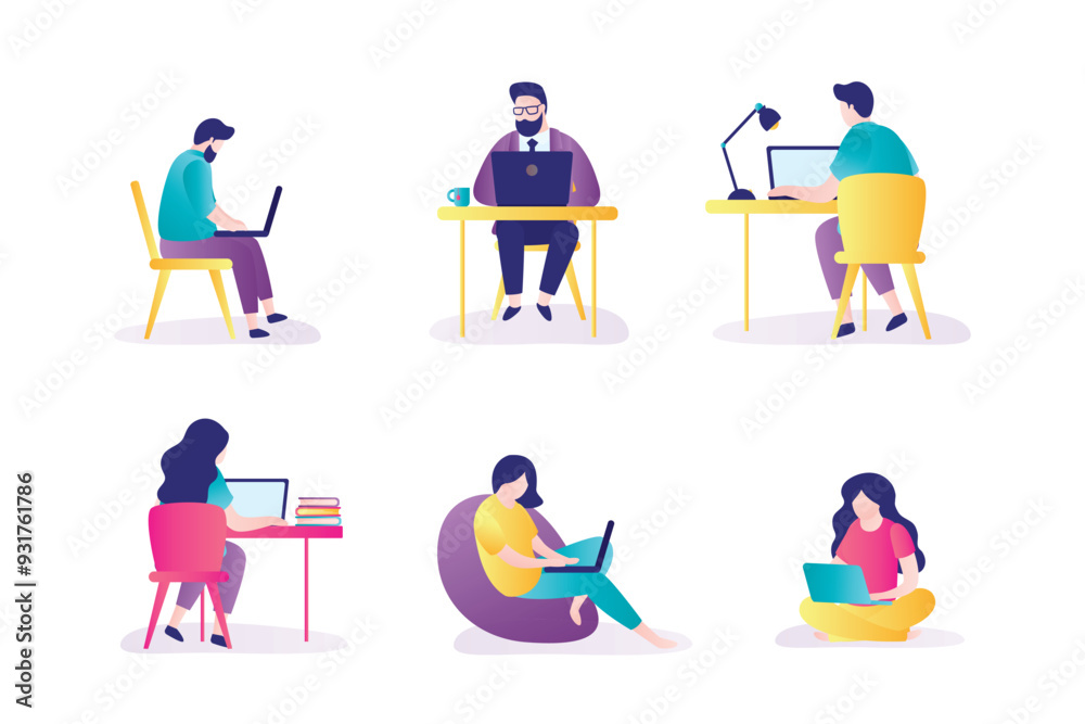 Set of female and male characters in various poses, working process in office or home workplace. Business people working on computer or laptop. Set of female and male characters in various poses, working process in office or home workplace. Business people working on computer or laptop.