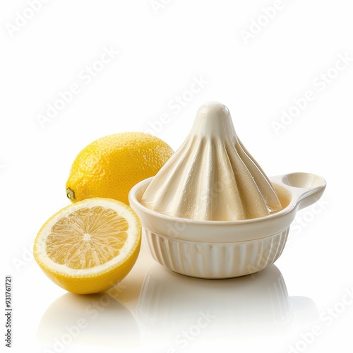 Citrus Simplicity: A pristine ceramic lemon squeezer, accompanied by a vibrant whole and halved lemon, against a clean white background.