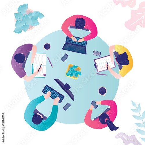 Office teamwork workers business management meeting and brainstorming on round table in top view. Managers sitting at table. Employees cooperation.