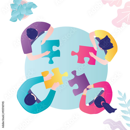 Business team brainstorming. People join puzzles. Office workers sitting at table. Desk top view. Employees cooperation. Business people negotiation. Teamwork discussion.