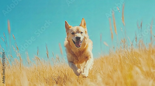 Joyful Canine Playtime: Dog Sprinting Through Lush Grass, Frisbee in Sight, Under a Pristine Blue Sky - A Celebration of Outdoor Freedom and Pet Enthusiasm photo