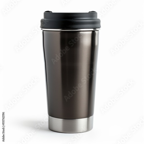 Sleek & Sustainable: A modern, metallic travel mug stands ready for your favorite beverage, promoting eco-conscious hydration on the go, isolated on white background