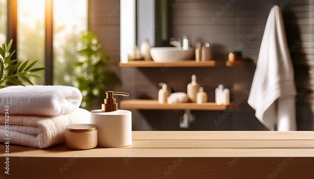 A wooden stand for bath and spa items in a blurred restroom. A wooden stand for bath and spa items in a blurred restroom.