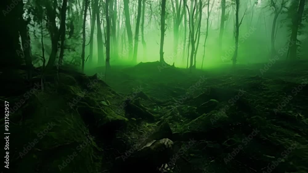 Spooky forest glows green with fog, perfect for halloween. Twisted trees and eerie shadows create a mystical atmosphere. The surreal landscape is magical, ideal for fantasy projects Spooky forest glows green with fog, perfect for halloween. Twisted trees and eerie shadows create a mystical atmosphere. The surreal landscape is magical, ideal for fantasy projects