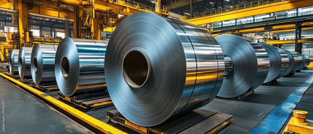 Galvanized steel coils, Close-up of galvanized steel coils being processed on high-tech production lines. Elements include large machines, rollers, and cutting equipment in a Galvanized steel coils, Close-up of galvanized steel coils being processed on high-tech production lines. Elements include large machines, rollers, and cutting equipment in a