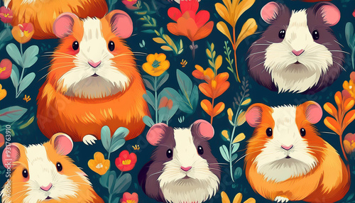 Adorable cavy design. Repeated animal pattern featuring charming rodent pet, cute baby creature. Perfect for textiles, materials, and wrapping. Flat illustrated graphic. photo