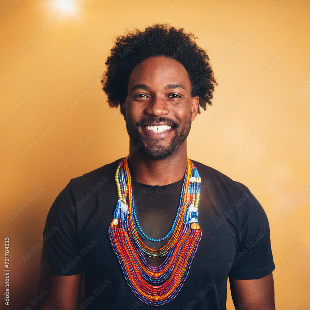 African man wearing a vibrant necklace, practicing Afro-Brazilian and Axé Orixá Orixás religions. African man wearing a vibrant necklace, practicing Afro-Brazilian and Axé Orixá Orixás religions.