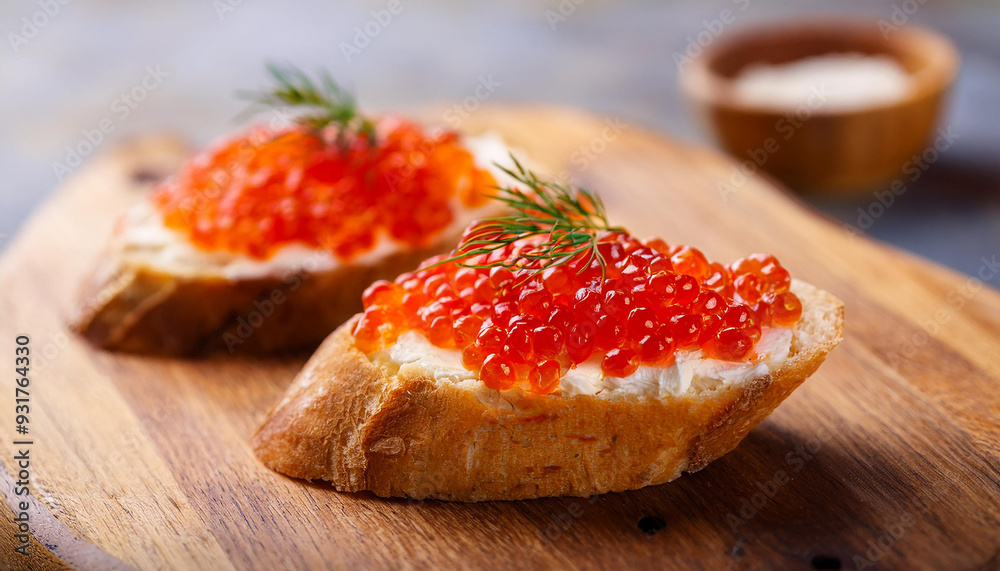 Bruschetta with cream cheese and red caviar on wooden board. Delicious snack. Tasty delicacy. Bruschetta with cream cheese and red caviar on wooden board. Delicious snack. Tasty delicacy.