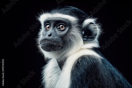 Photo of a Black & White Colobus monkey isolated against a black background, emphasising the Black & White Colobus monkey's majestic features. Wildlife and conservation concept, space for copy.