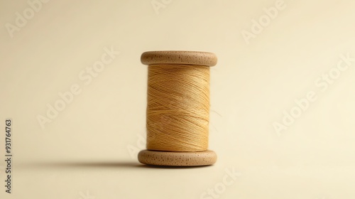 A wooden spool of tan thread on a light beige background.