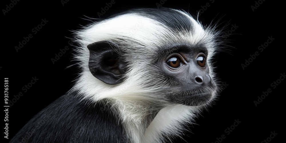 Photo of a Black & White Colobus monkey isolated against a black background, emphasising the Black & White Colobus monkey's majestic features. Wildlife and conservation concept, space for copy.