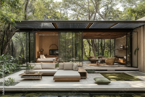 Modern Patio with a Tranquil Pond and Lush Greenery