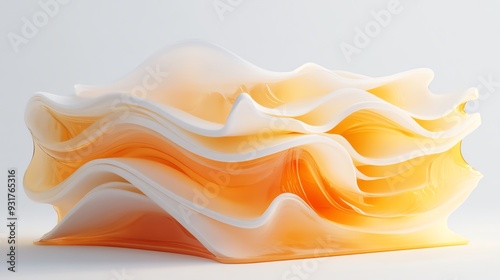 Abstract rendering of layered, wavy, translucent orange and white shapes.