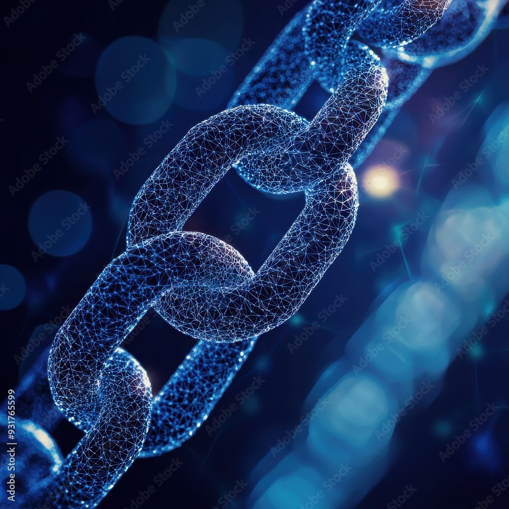 Close-up of a digital chain link depicting strength and connectivity in a futuristic, glowing style. Close-up of a digital chain link depicting strength and connectivity in a futuristic, glowing style.