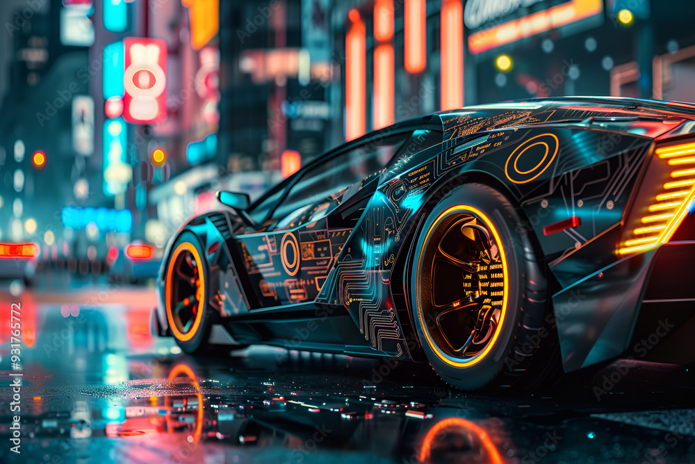 Futuristic cyber car with glowing wheels against a cyberpunk cityscape background in a close-up shot, creating a high-tech atmosphere, with reflections of neon lights on the rainy street Futuristic cyber car with glowing wheels against a cyberpunk cityscape background in a close-up shot, creating a high-tech atmosphere, with reflections of neon lights on the rainy street