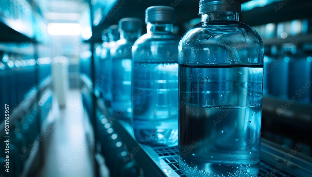 A close-up shot shows water bottles filled with pure, clean and refreshing blue microearthwater in a laboratory. The glass vials stand on metal shelves against an industrial background.