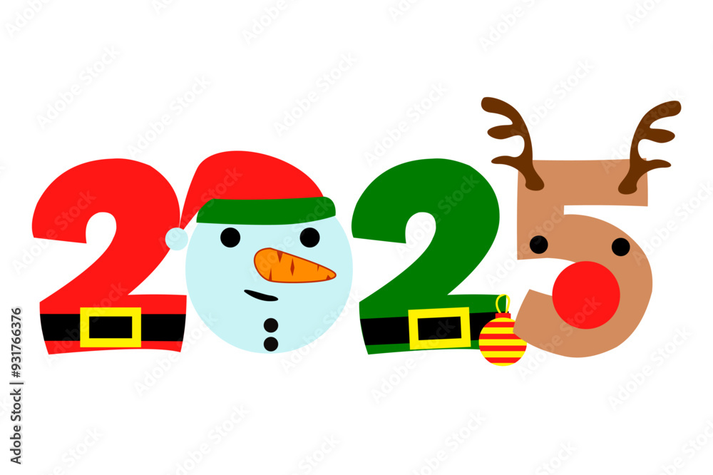 2025 New Year - Christmas greeting typography, with Santa hat, deer, and snowman. Holiday quote, decoration for your calendar, print, sticker or greeting card 2025 New Year - Christmas greeting typography, with Santa hat, deer, and snowman. Holiday quote, decoration for your calendar, print, sticker or greeting card