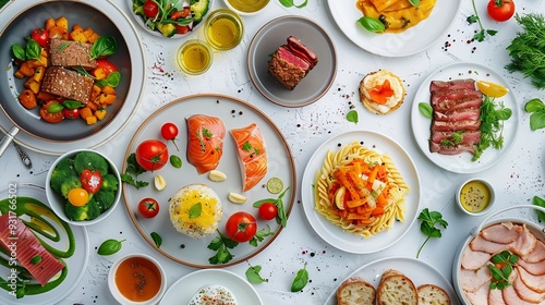 Top view of food assortment Luxury buffet flat lay Selection of plates and dishes on white background : Generative AI