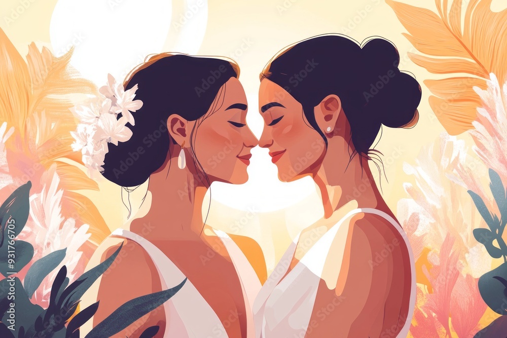 illustration of a young lesbian couple celebrating their wedding wearing wedding dress in the summer light illustration of a young lesbian couple celebrating their wedding wearing wedding dress in the summer light